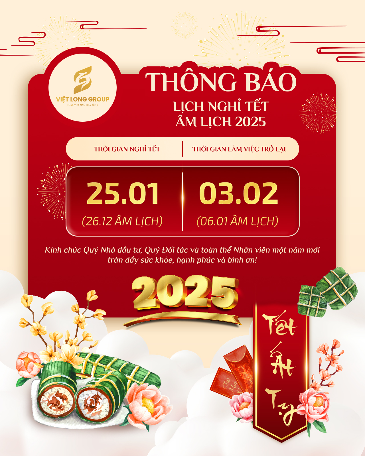 THÔNG BÁO LỊCH NGHỈ TẾT NGUYÊN ĐÁN ẤT TỴ 2025